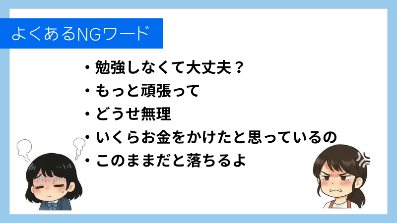 よくあるNGワード
・勉強しなくて大丈夫?・もっと頑張って・どうせ無理・いくらお金をかけたと思っているの・このままだと落ちるよ