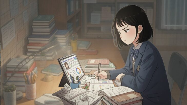 夜、一生懸命映像授業を見て勉強する高校生の女の子のイラスト