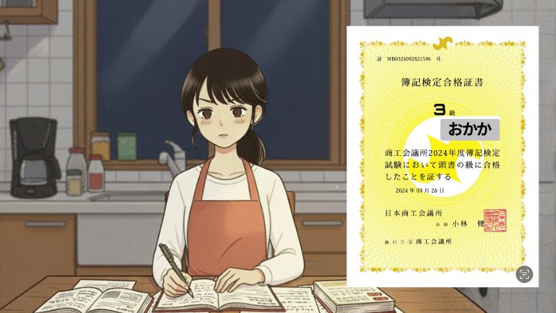 キッチンで勉強するおかかのイラストと、簿記3級の合格証書