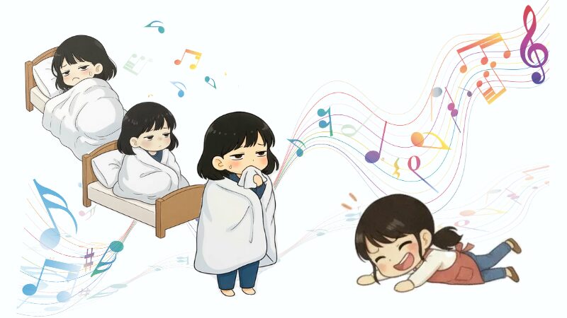 SUNOで作った曲で起きる娘と、笑い転げる母のイラスト